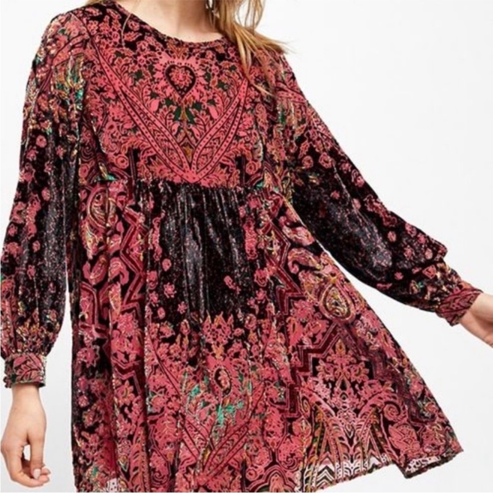 Free People Mirror Mirror Velvet Mini Dress Wine Black Sz S Boho Festival Trendy